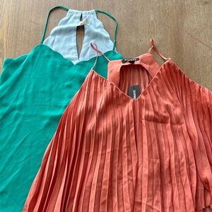 Express Coral Pleated Slip Dress & Teal Halter Scallop Top